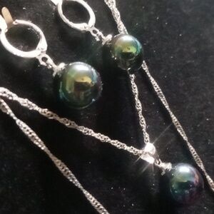 Sterling Silver Iridescent Opalescent Pearl Beaded Necklace and Earring 22 In.